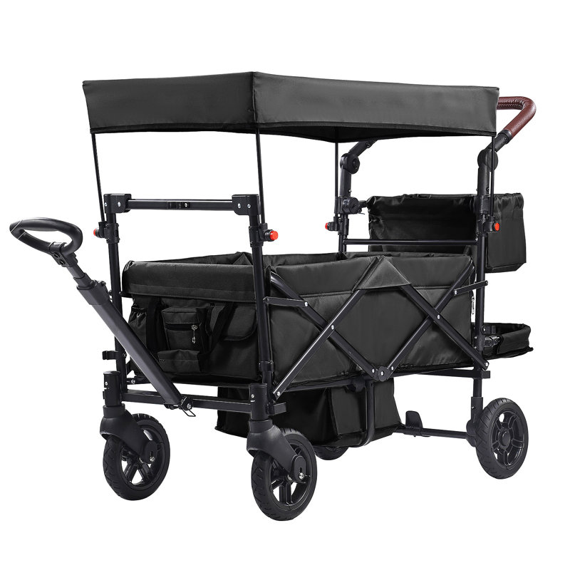Poussette Wagon pour 2 enfants, poussette pliable quadruple avec poignée réglable, auvent amovible pour harnais, 4 roues avec freins, poussette tandem multifonctionnelle pour le camping