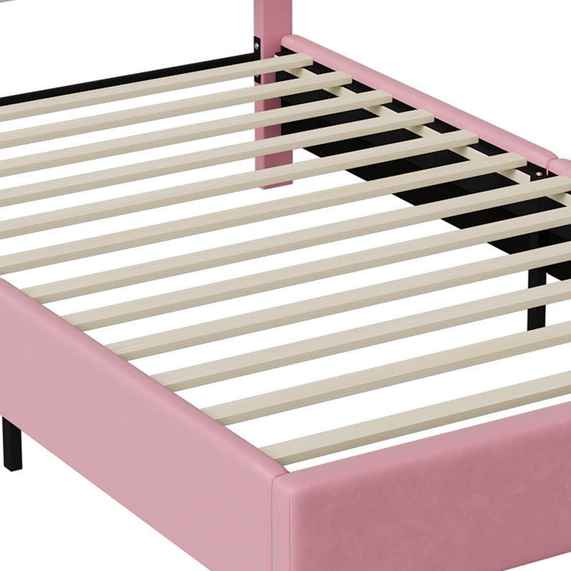 European Single & Double Upholstered Princess Bed With LED Crown Headboard, Pink Velvet, European Single (90 x 200 cm)