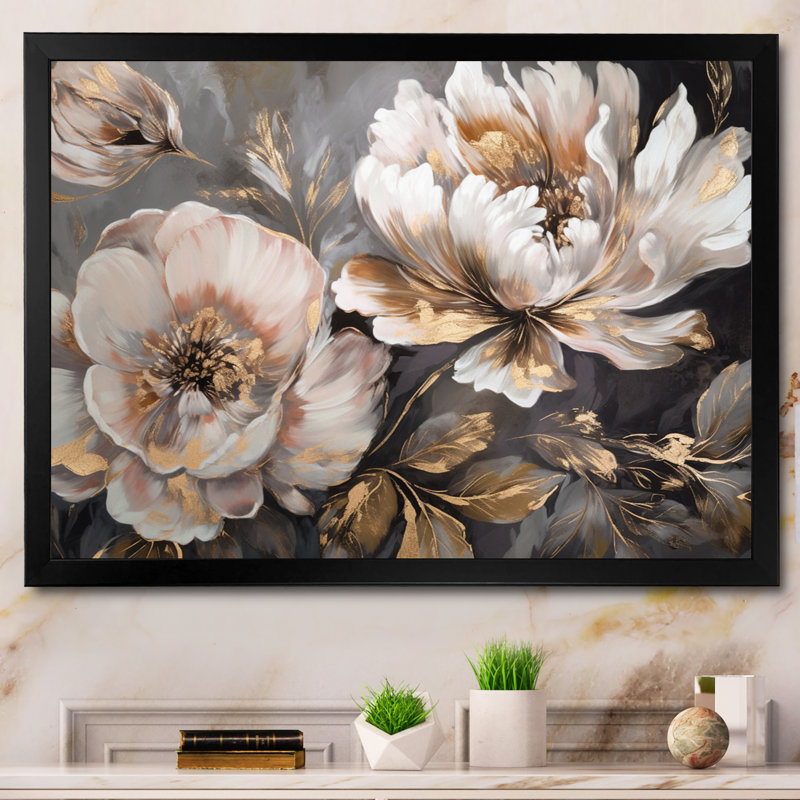 "White Grey Peony Blooms In Motion IV" - pivoines, art encadré, Impression encadrée, H 24 po x l 32 po, Noir