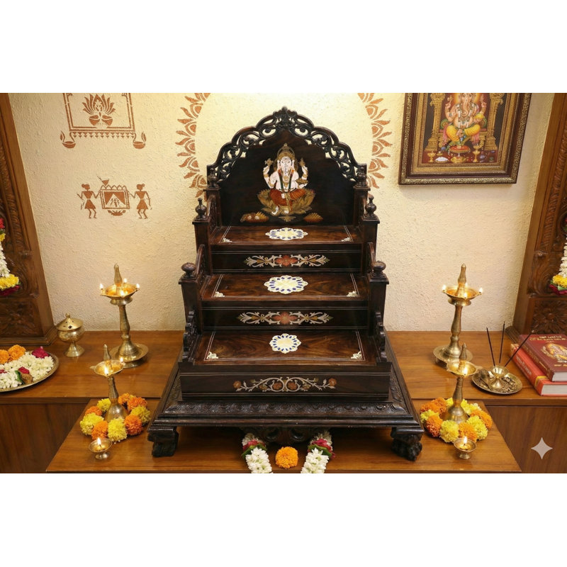 Grand sanctuaire de 45 po en bois peint à la main avec tiroir de rangement Puja Mandir