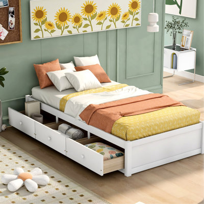 Lit plateforme simple en bois massif avec 3 tiroirs - Blanc pour une chambre à coucher calme et sereine