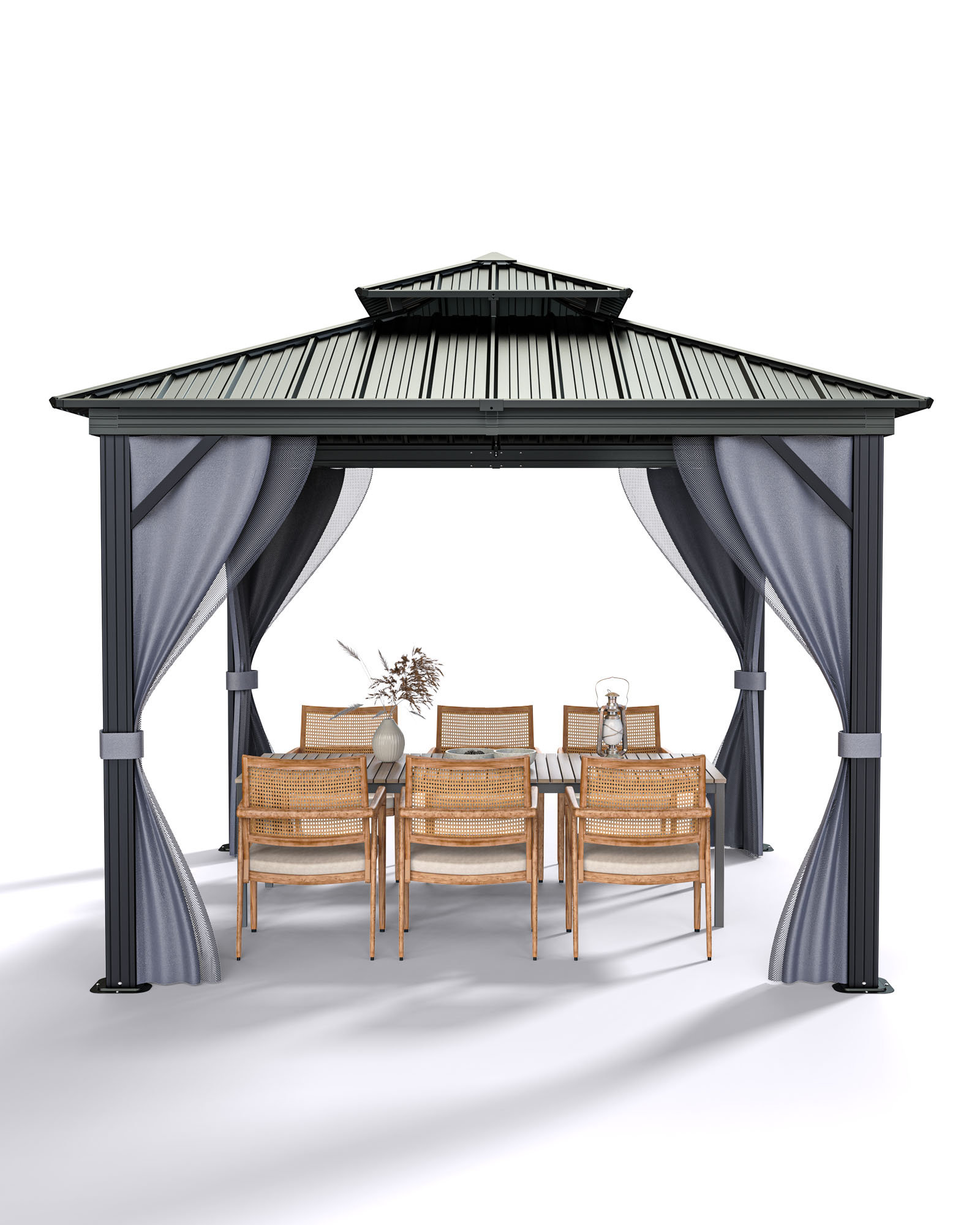 12'x12' Hardtop Gazebo With Double Metal Roof - All Weather Aluminum Frame With Net & Curtains For Patio & Backyard