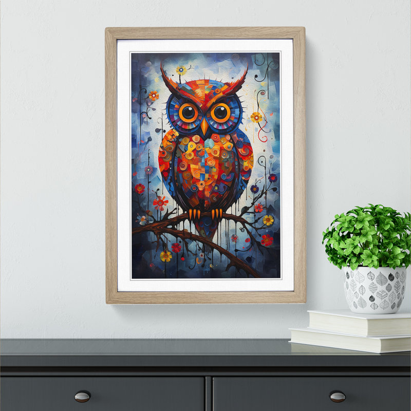 Owl Contemporary - Single Picture Frame Print on Wood, Oak, 46cm H x 34cm W x 2cm D