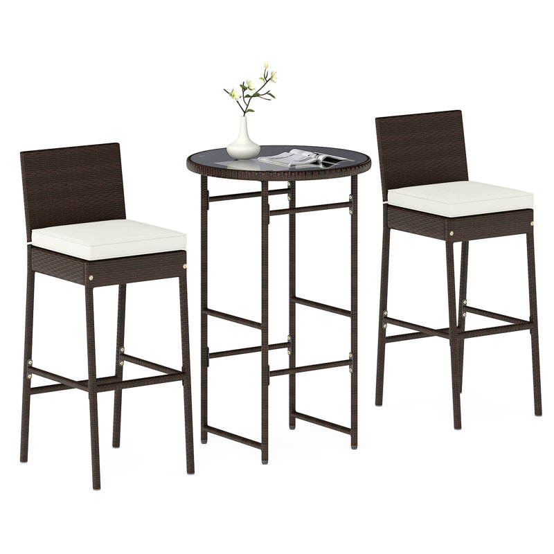 3 Piece Outdoor Bar Set Heavy-Duty Metal Barstool & Table Set with Glass Tabletop