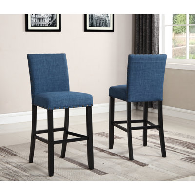 Ensemble de 2 tabourets de bar en tissu, garniture cloutée bleue - Structure robuste en bois dur, revêtement en lin et coton, couleur foncée, 40,6 x 58,4 x 111,8 cm, hauteur du siège 76,2 cm. Tabourets de 2, avec structure en bois, hauteur du siège 111,8 cm, 40,6 x 58,4 cm.