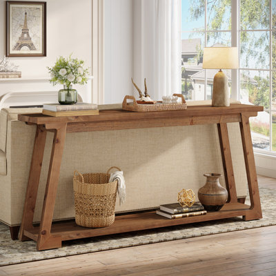 62.99" Solid Wood Sofa Console Table With 2-Tier Storage Shelves For Living Room, Entryway
