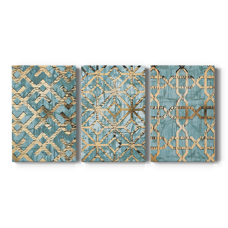 Gilded Geometrics I - Toile tendue avec châssis sur mesure - 3 pièces, H 12 po x l 24 po