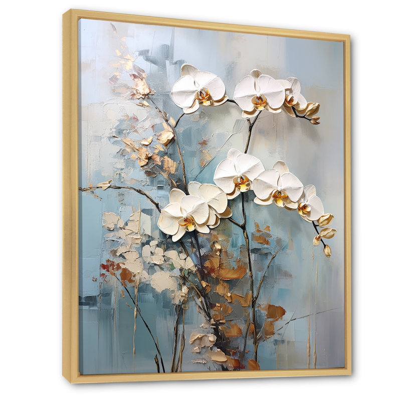 Orchidée beige et or sur toile, H 32 po x l 16 po x P 1 po, Cadre naturel flottant
