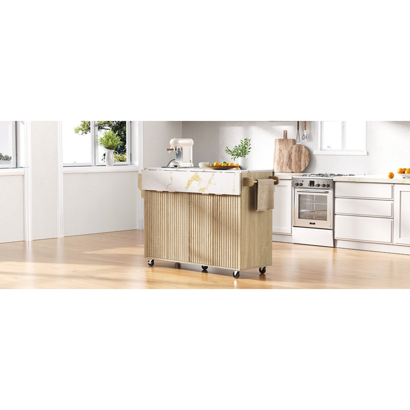 55.5" Fluted Kitchen Island with 2 Drop Leaf, Natural