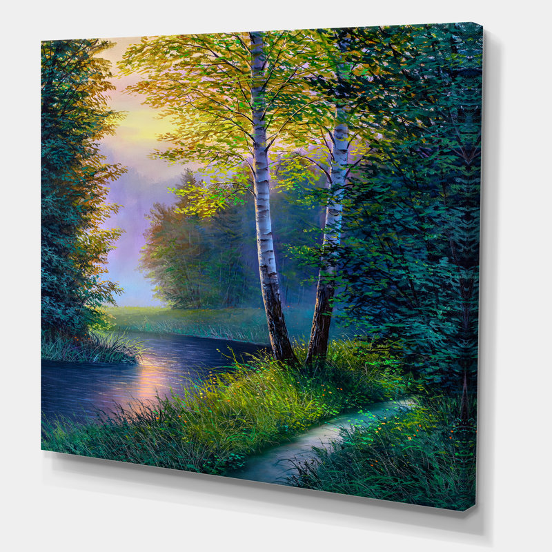 «Morning Sunlight Through The Birch Forest», peinture sur toile, H 36 po x l 36 po x 1,5 po, Toile tendue