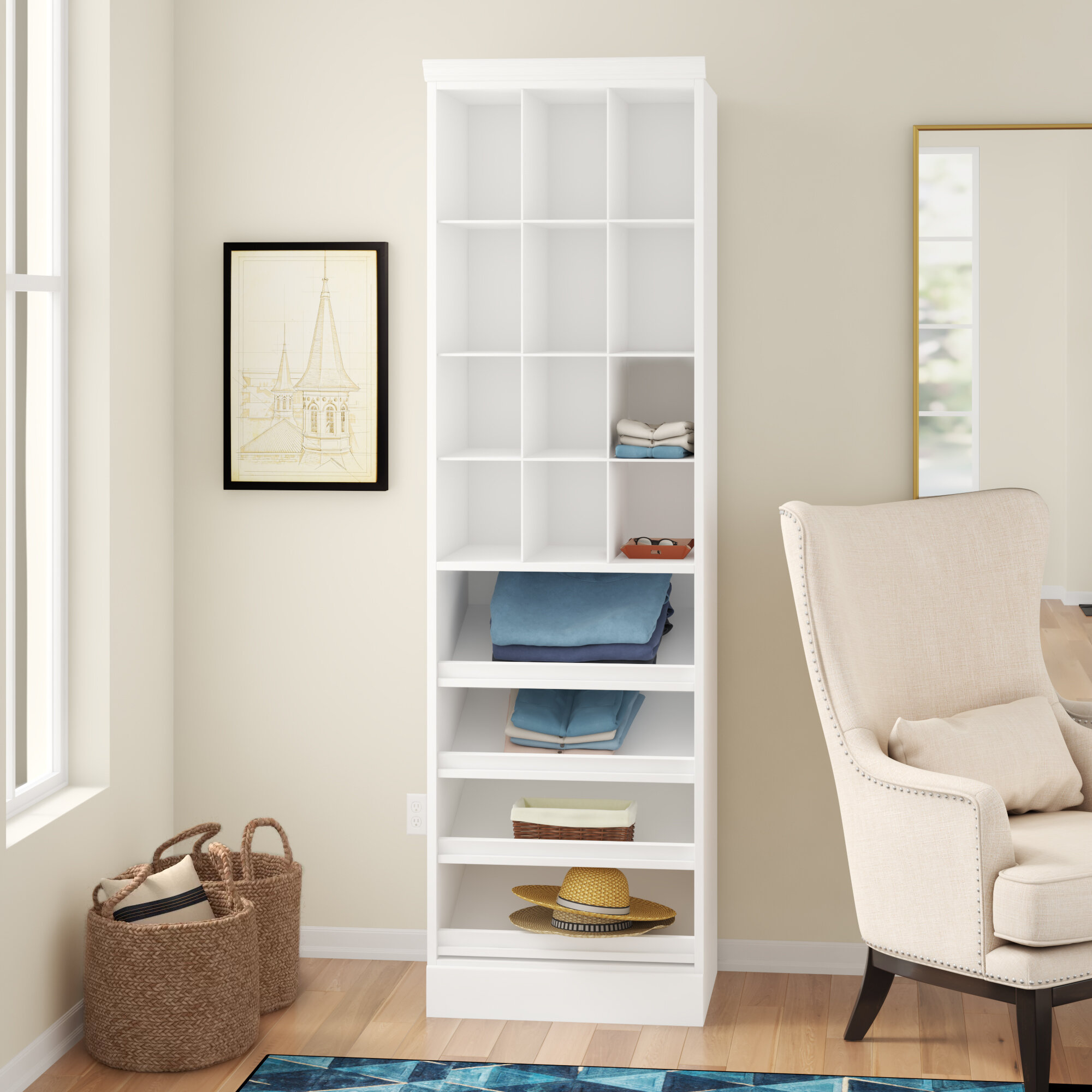 48 in. W to 92 in. W White Closet Shelf Tower with Shelf and Rod Extensions  Wood Closet System