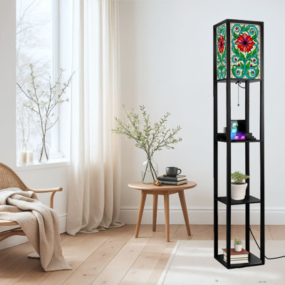 Lampe sur pied à DEL à intensité variable à motif de vitrail abstrait à motif de feuilles de fleurs abstraites, lampe sur pied en bois aggloméré avec télécommande, lumière 3 couleurs, pour le salon, la chambre à coucher