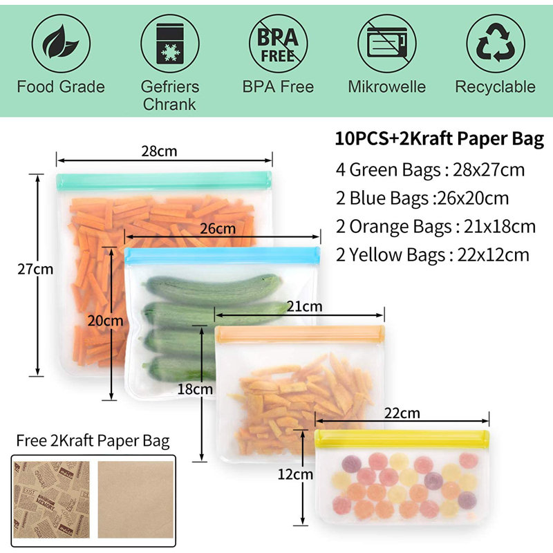 Paquet de 10 sacs de rangement pour aliments Sacs de congélation réutilisables Sacs étanches sans BPA de tailles variées pour les repas, le déjeuner et les voyages à domicile