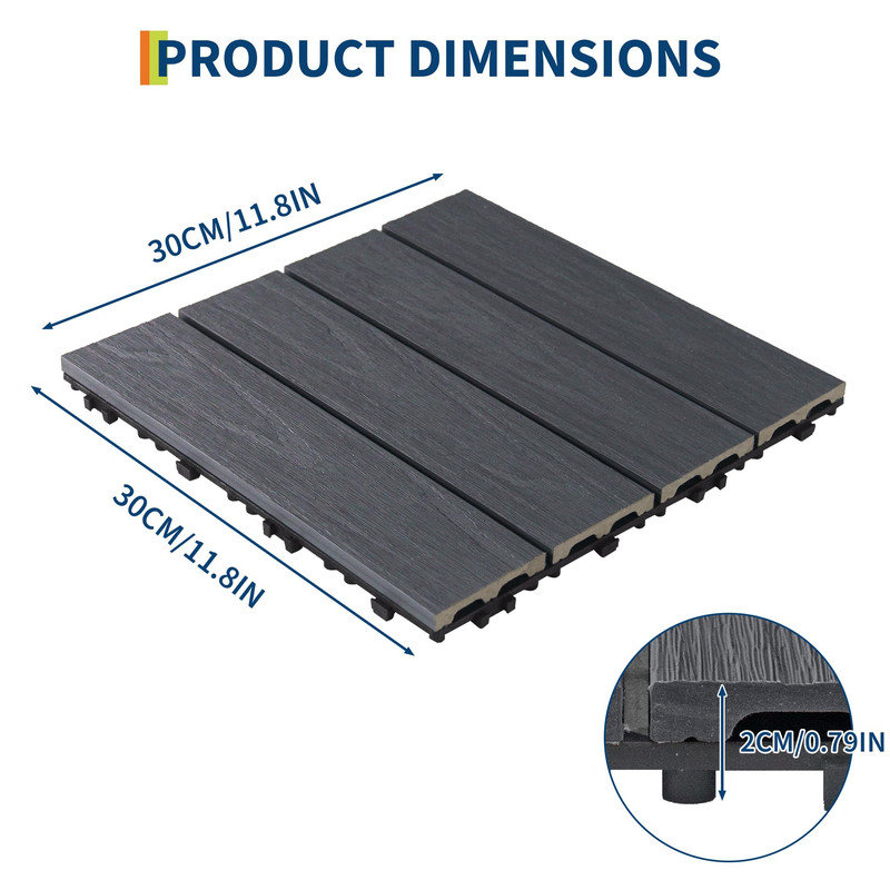 Carrelage de terrasse 12 po x 12 po WPC (paquet de 27) antidérapant et imperméable