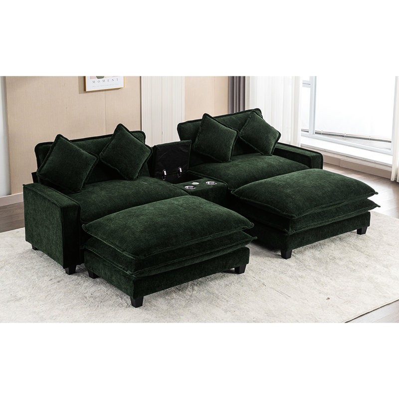 111" Sectional In With Double Cushion, Two Removable , Ports, Cup Holders And Storage For Living Room Experience Room, Chenille, Hidden