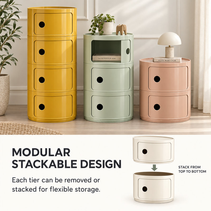 Modern Stackable Round Nightstand with Storage – 2-Tier Side Table Cabinet with Drawers, Yellow
