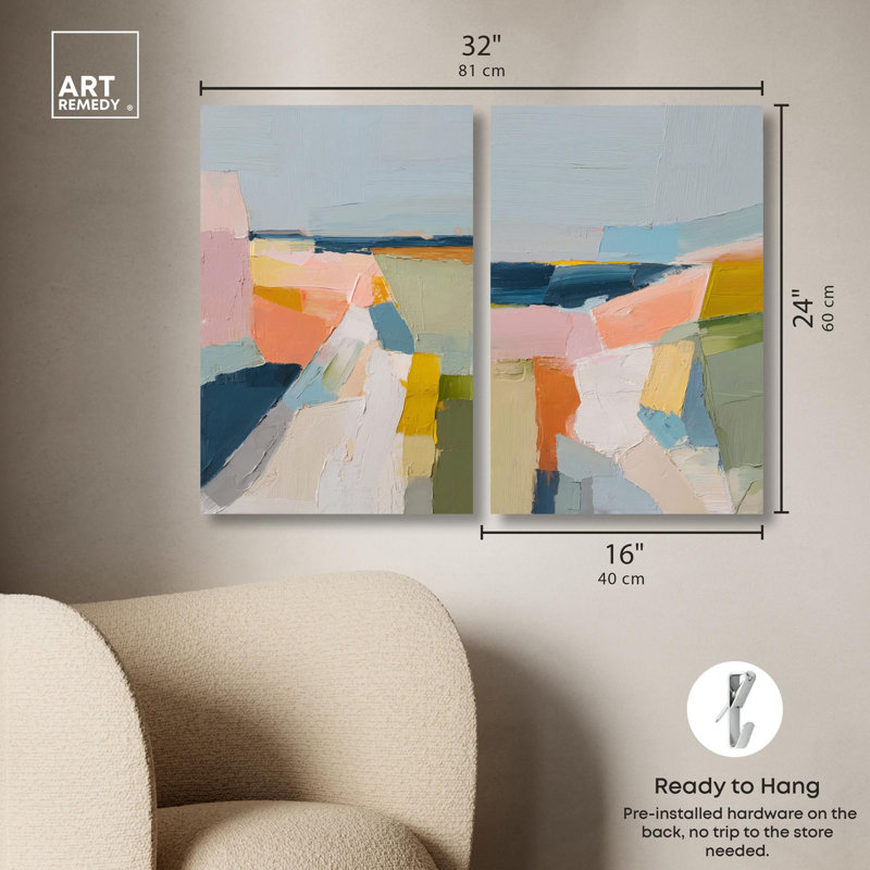 Pastel Fields Duo Canvas Print Modern Abstract Art Set by Art Remedy, Black Frame, 36 x 54, H 24 po x l 16 po