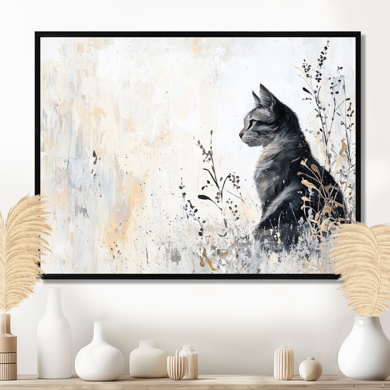 Minimal Meadow Cat - impression sur toile de chat, Noir, Impression dans un cadre flottant sans passe-parto