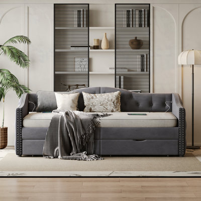 Upholstered Daybed with Storage Drawers, Wood Daybed Twin Size, No Box Spring Needed, Gray by Lark Manor