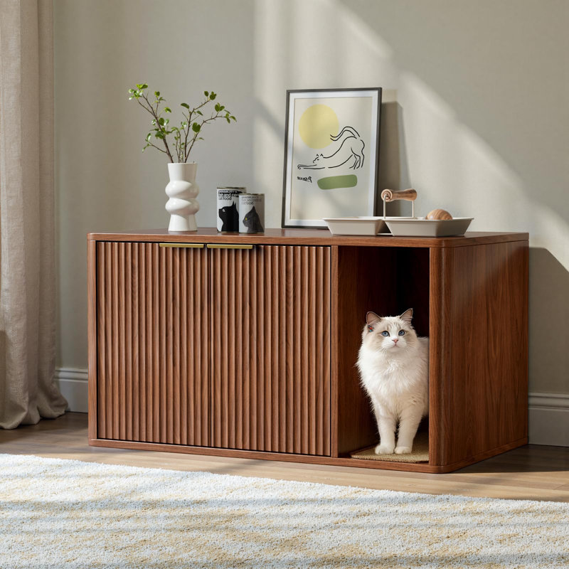 Enceinte de litière pour chat 35,4 "en noyer avec entrée frontale, grande armoire à litière cachée pour le salon, la chambre à coucher