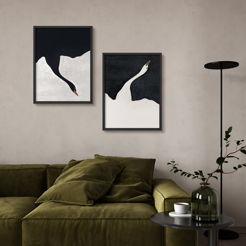 Ensemble de 2 pièces d'art mural cygne noir et blanc encadrées - Imprimés animaliers minimalistes modernes pour le bureau ou le vestibule