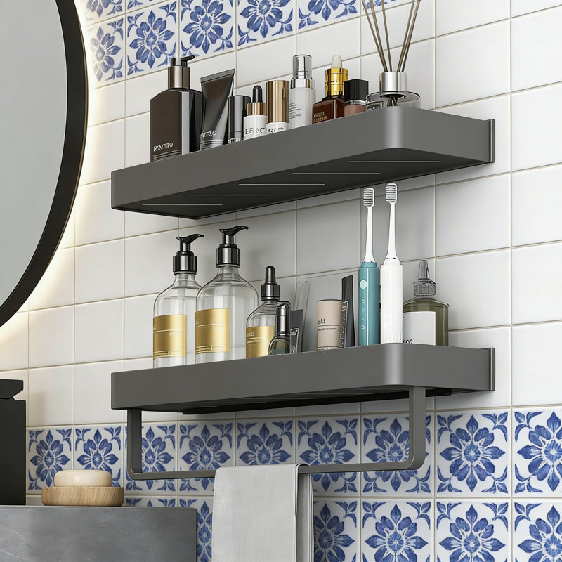 2-Tier Floating Wall Shelf With Removable Hooks, Gray