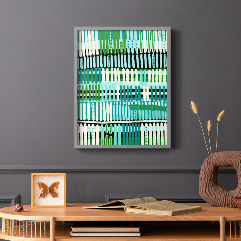 Motif bleu sarcelle II, reproduction encadrée - bois massif, Gris, H 10 po x l 8 po
