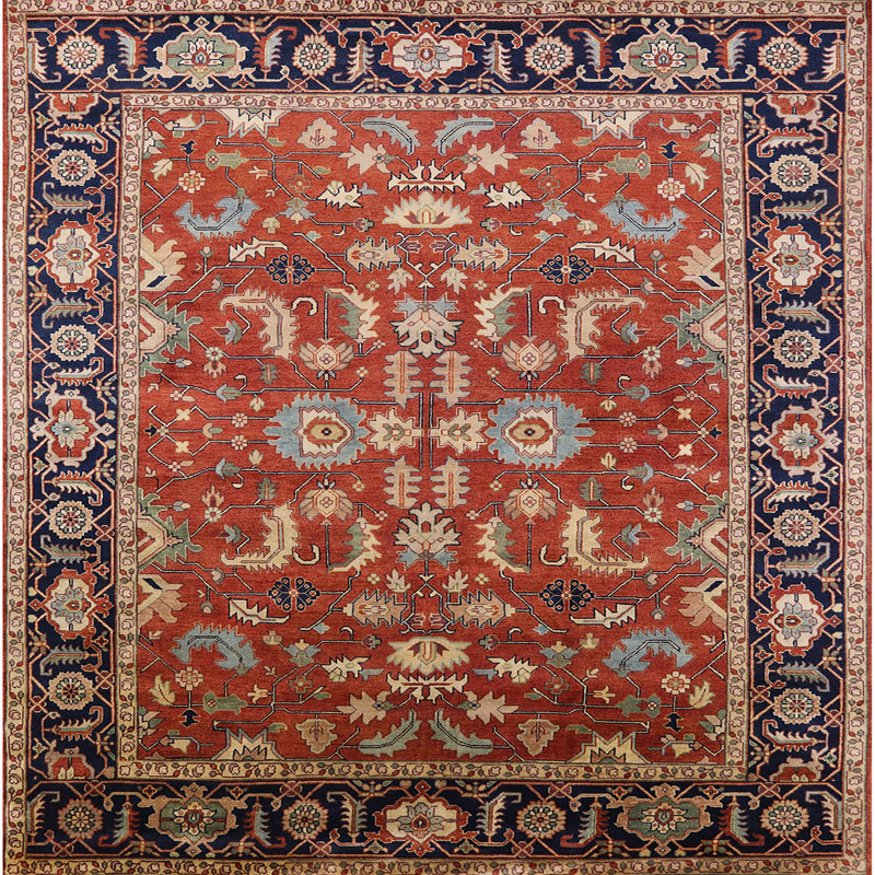 Tapis oriental rouge et bleu, Carré 8 pi