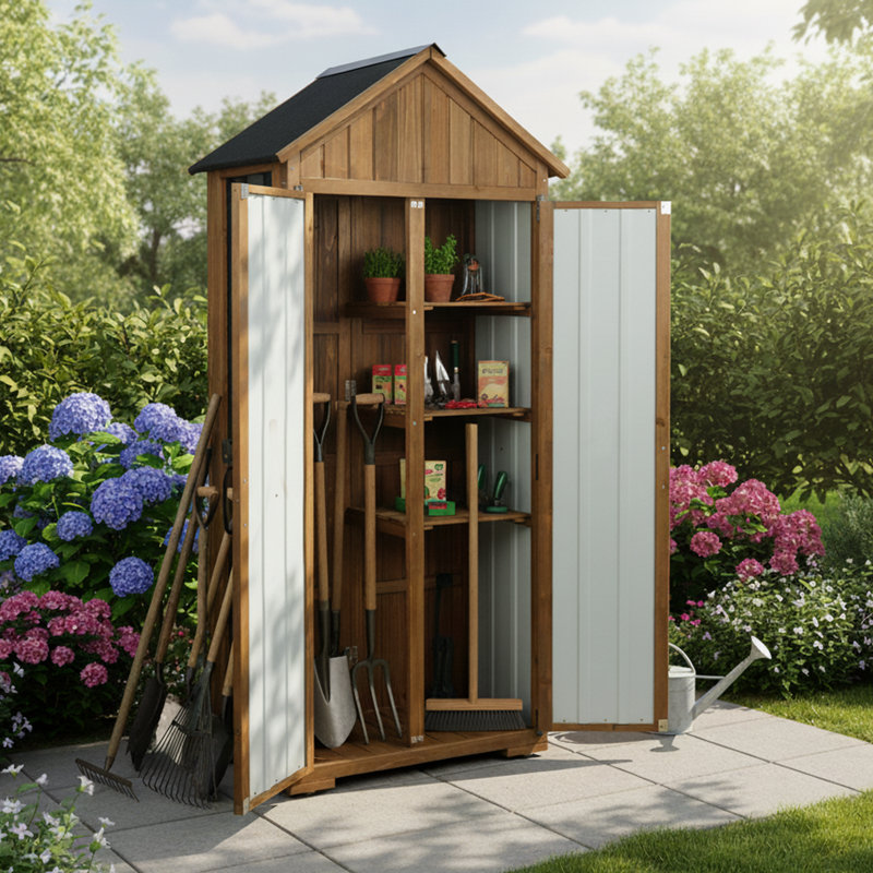 Outdoor Storage Cabinet with Adjustable Shelf & Lockable Doors, Wood & Metal for Garden Patio