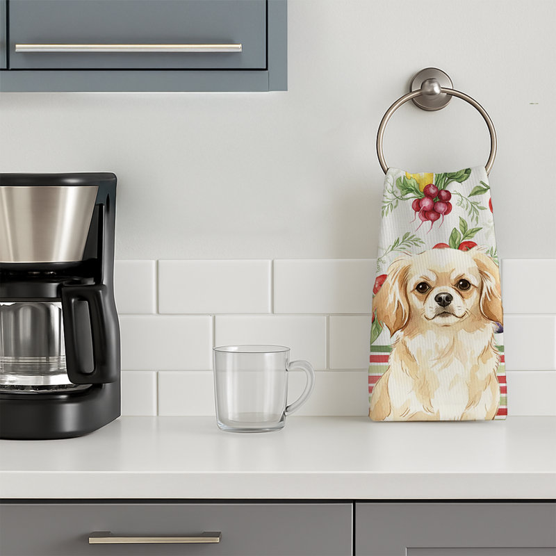 Cream Tibetan Spaniel Vegetables Kitchen Towel, Cream Tibetan Spaniel