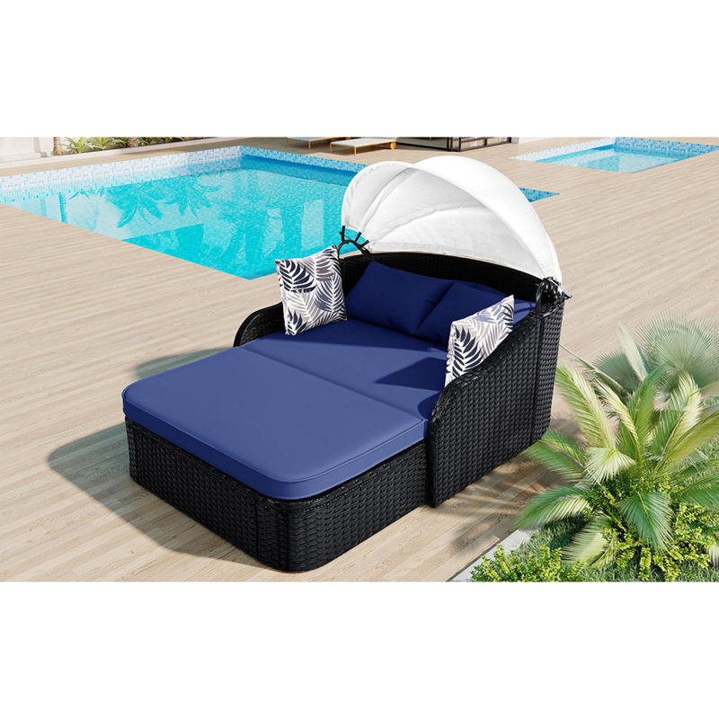Lit de bronzage d'extérieur 79,9 "avec auvent réglable, double méridienne, lit de repos en rotin PE, osier noir et coussin bleu