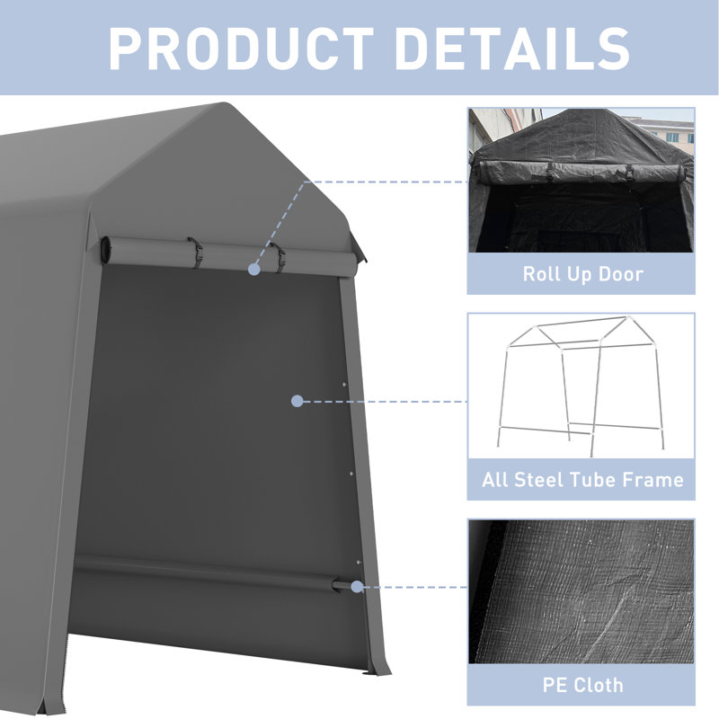 Heavy Duty Outdoor Shed, Portable Storage Shed, With 2 Rolled Up Zipper Doors,Vents Carports, Gray, 12 ft x 7 ft