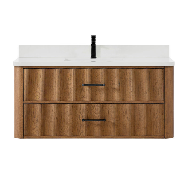 Meuble-lavabo mural simple 48 po en noyer grillé Francesca, Brun, Noir mat, Quartz blanc