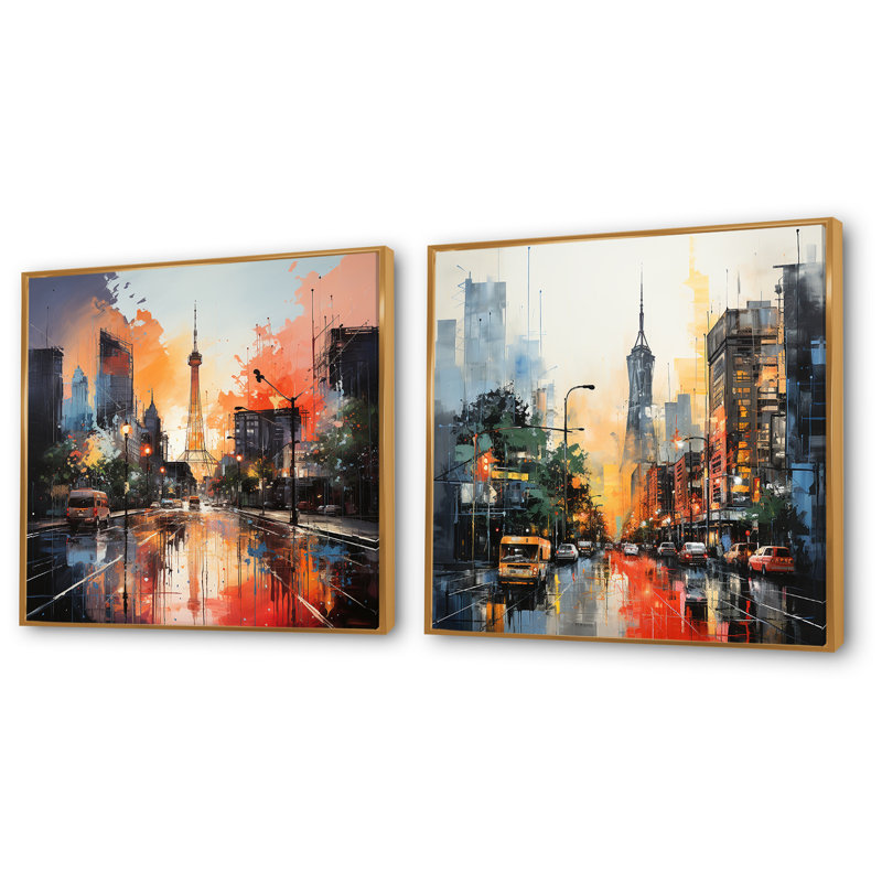 «Houston City Sunset Dream I», ensemble de 2 reproductions d'art mural de Houston, Cadre flottant doré