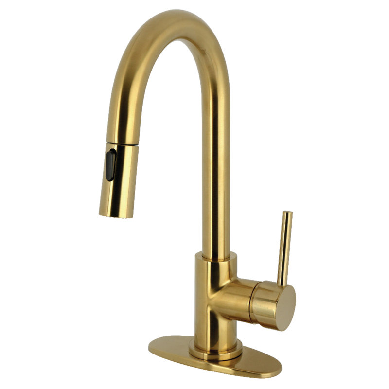 Kingston Brass Concord One-Handle 1-Hole Deck Mount Bar Faucet With Pull Down Sprayer, Brushed Brass