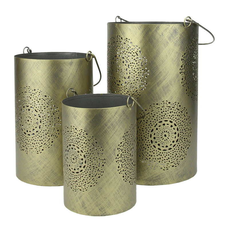 Decorative Floral Cut-Out Pillar Candle Lanterns 10", Gray/Gold