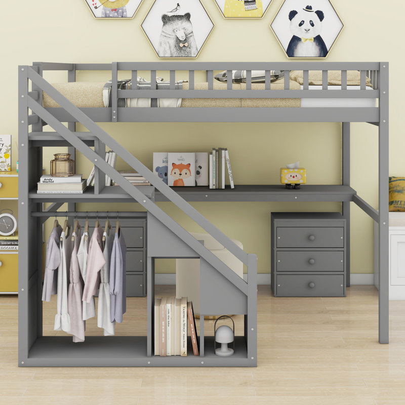 Lit mezzanine avec commode, bureau et bande lumineuse, Gris, Double