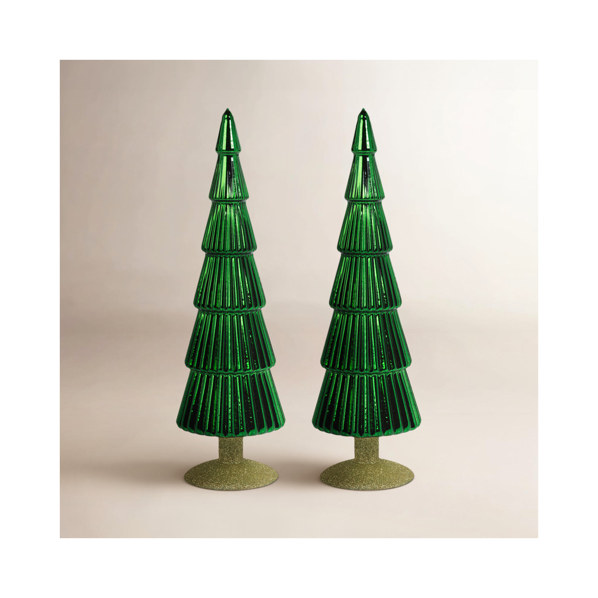 Dembe Classic Red Glass Tree on Gold Glitter Base, Set of 2, Green/Gold, 13.5" H x 3.5" W x 3.5" D