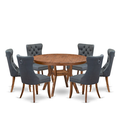 7-Pc Dinner Table Set Includes a Modern Table and 6 Light Gray Polyester fabric Upholstered Chairs with Button-Tufted Back, Antique Walnut