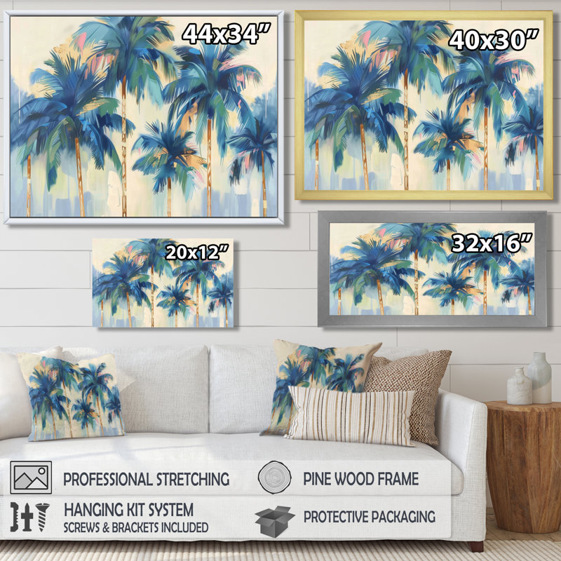 «Blue and Gold Palm Tree forest I - Palm Trees», reproduction d'art sur toile, Cadre flottant brun, bois massif
