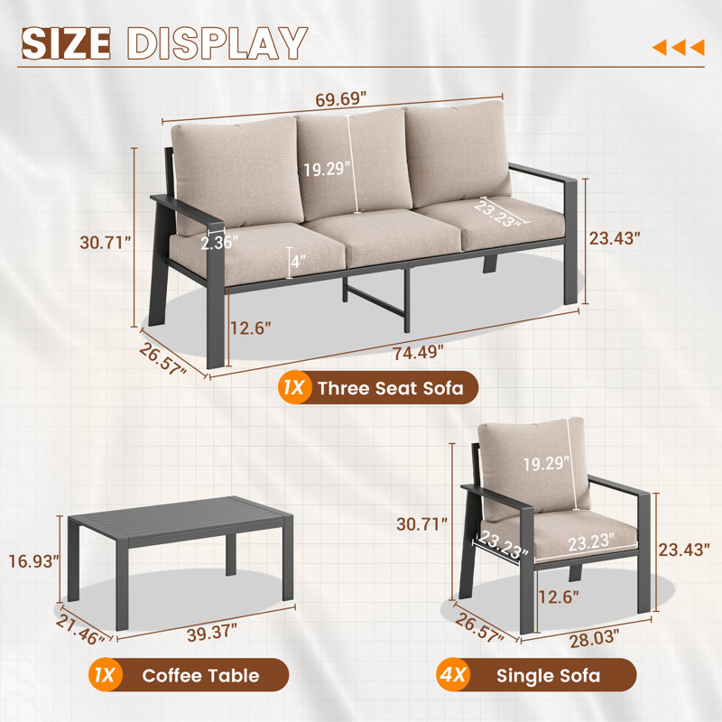 Ensemble de conversation d'extérieur en aluminium pour 7 personnes avec table basse Clean-Line, Beige, Non
