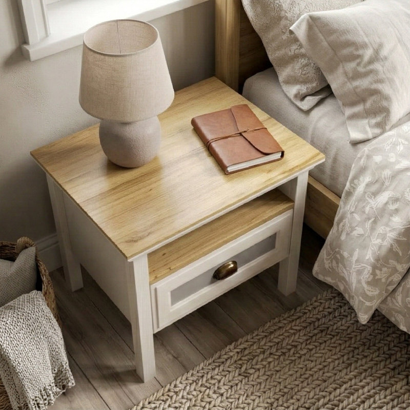 Table de chevet avec tiroir et tablette de rangement ouverte en MDF
