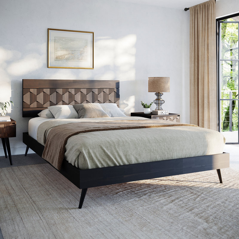 Georgina Solid Wood Platform Bed Frame with Headboard, Mid Century Geometric Pattern, Queen, Walnut 