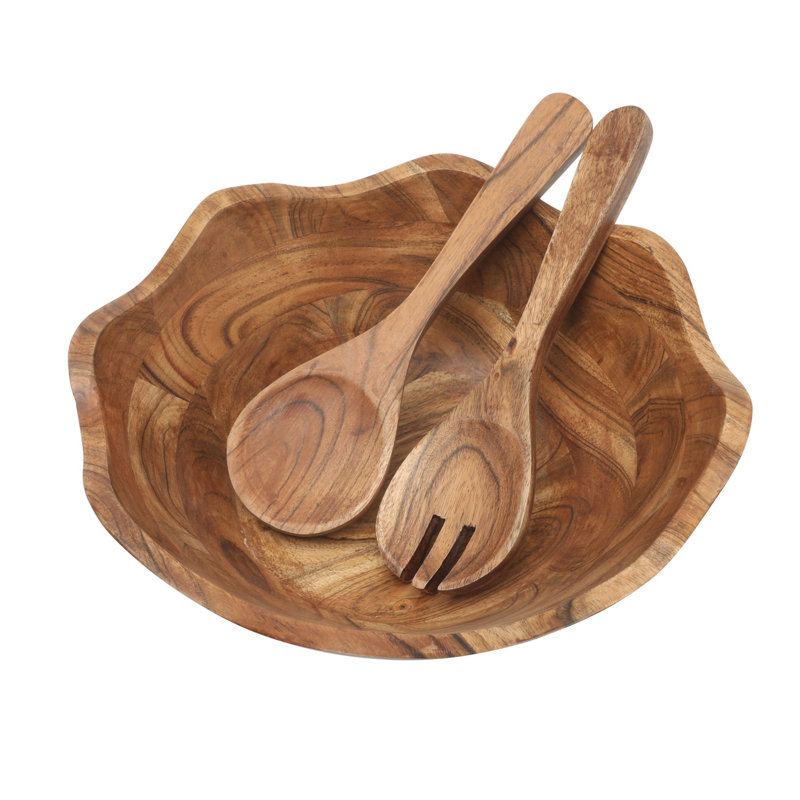  Ensemble de bols à salade en bois d'acacia 3 pièces Gibson Home Sandhurst - Bol de service festonné de 12 pouces avec plateaux à salade en bois 