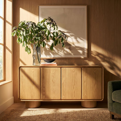 Hubert 4-Door Curved Wood Accent Cabinet In Oak