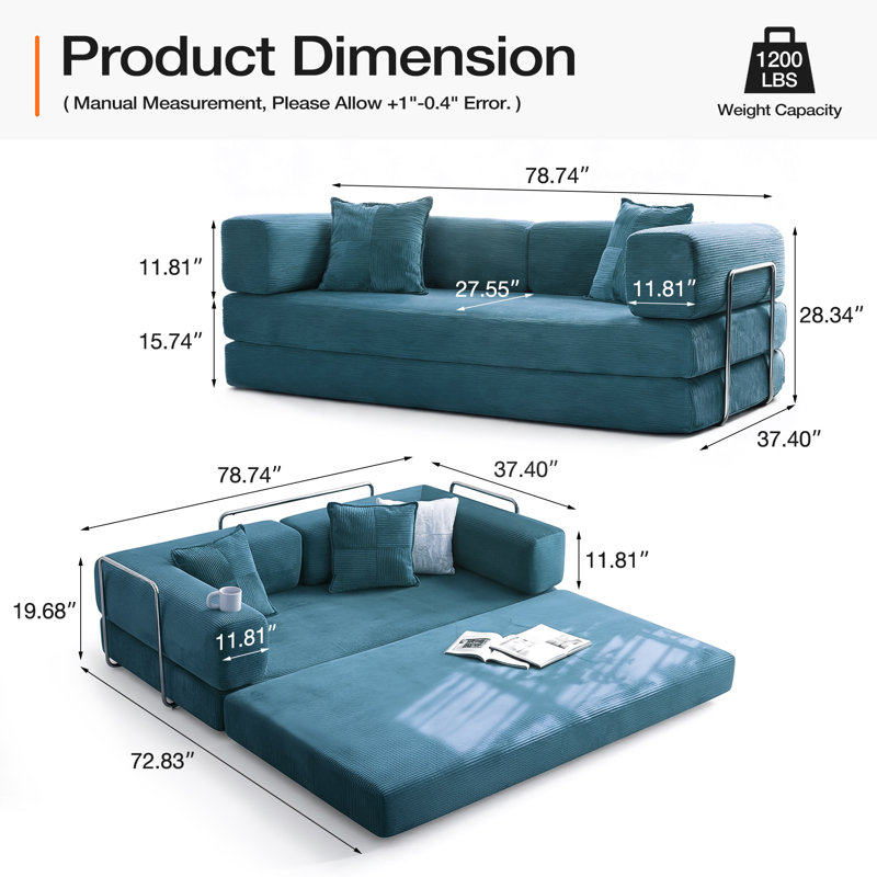 78.8-Inch Upholstered Double Sofa Bed, Modular Sofa Bed, Includes 2 Throw Pillows, Foldable Sofa, Blue
