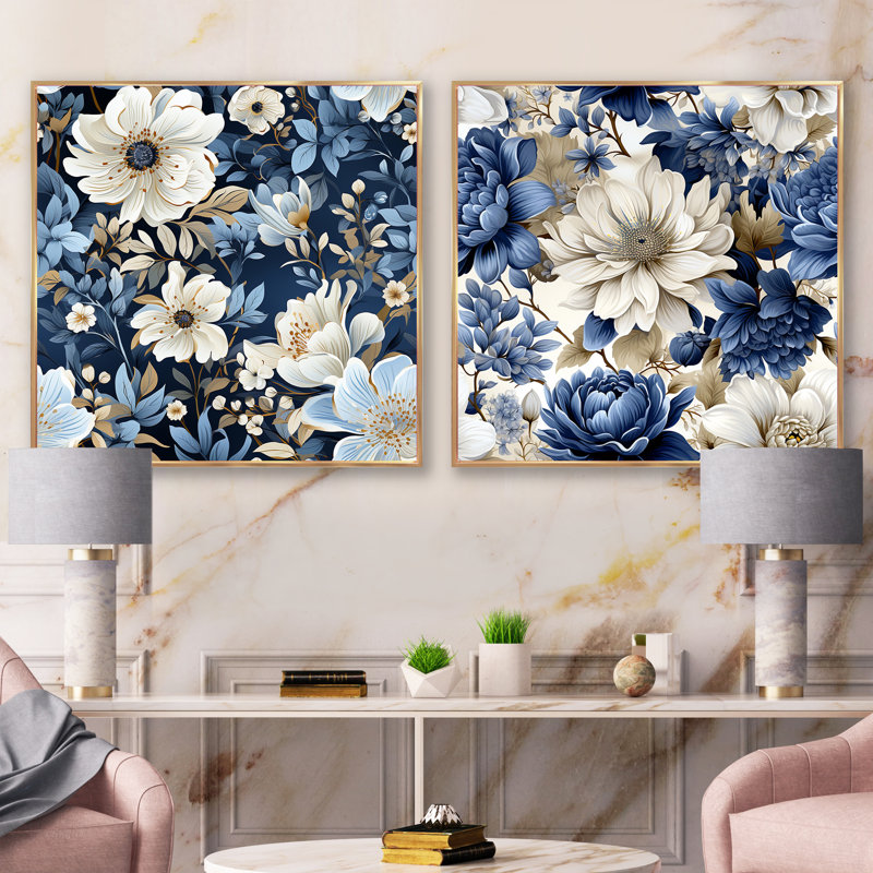 Polston - Ensemble de 2 collages floraux carrés, H 16 po x l 33 po, Cadre flottant doré