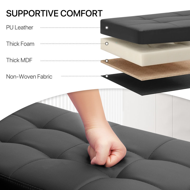 Black PU Leather Button Tufted Storage Ottoman Bench