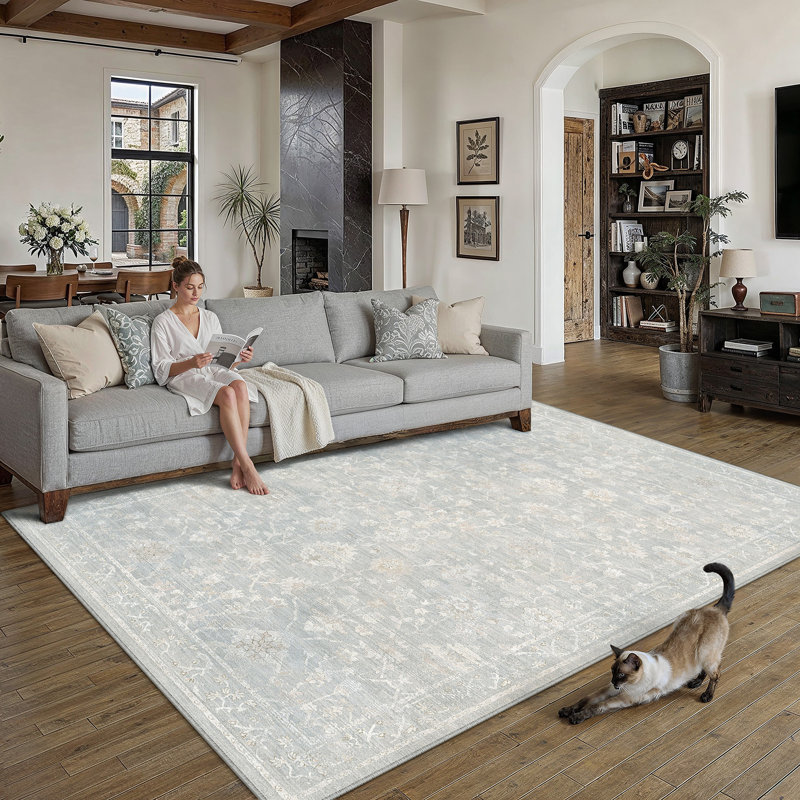 Tapis lavable à motif floral rétro Avella avec envers antidérapant, Bleu/beige, Rectangle 108 po x 72 po