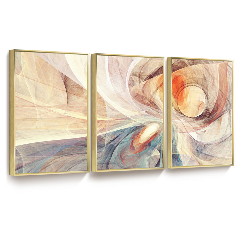 Cadre moderne abstrait encadré - ensemble de 3 reproductions sur toile, H 16 po x l 36 po x P 1,5 po, Or